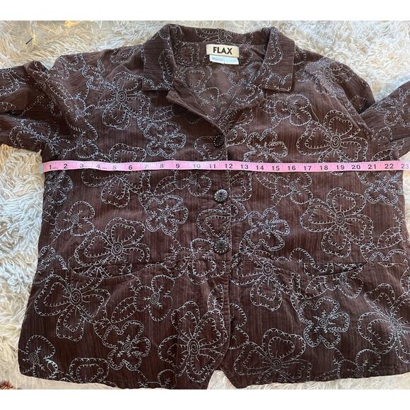FLAX Medium Brown Corduroy Collared Lightweight Jacket Blue Embroidered Floral - Picture 8 of 9